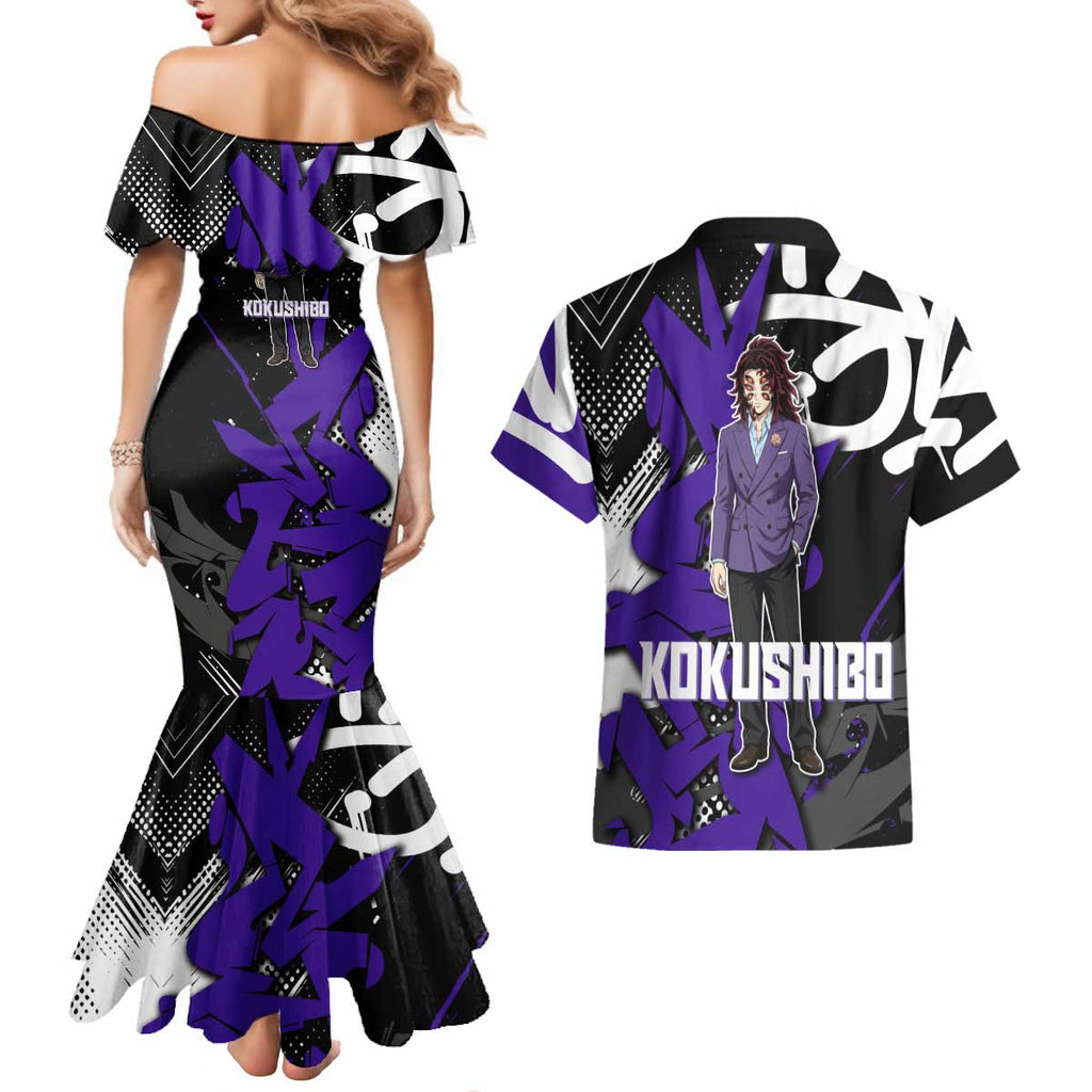 Kokushibo Demon Slayer Couples Matching Mermaid Dress and Hawaiian Shirt Purple & Black Graffiti Anime