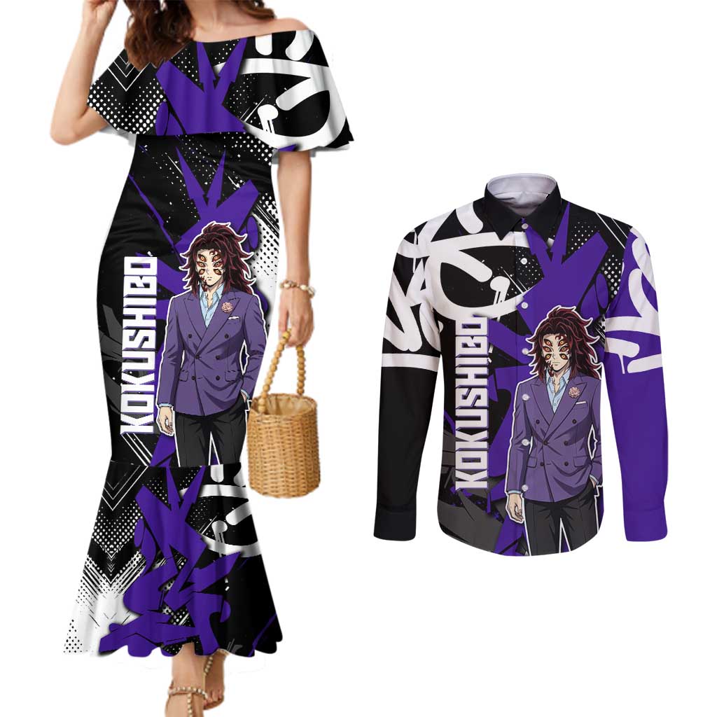 Kokushibo Demon Slayer Couples Matching Mermaid Dress and Long Sleeve Button Shirt Purple & Black Graffiti Anime