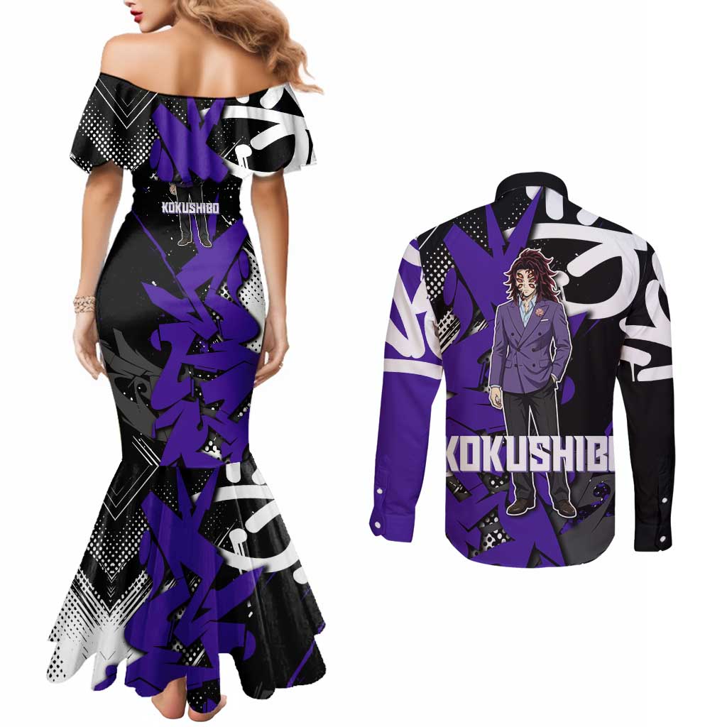 Kokushibo Demon Slayer Couples Matching Mermaid Dress and Long Sleeve Button Shirt Purple & Black Graffiti Anime