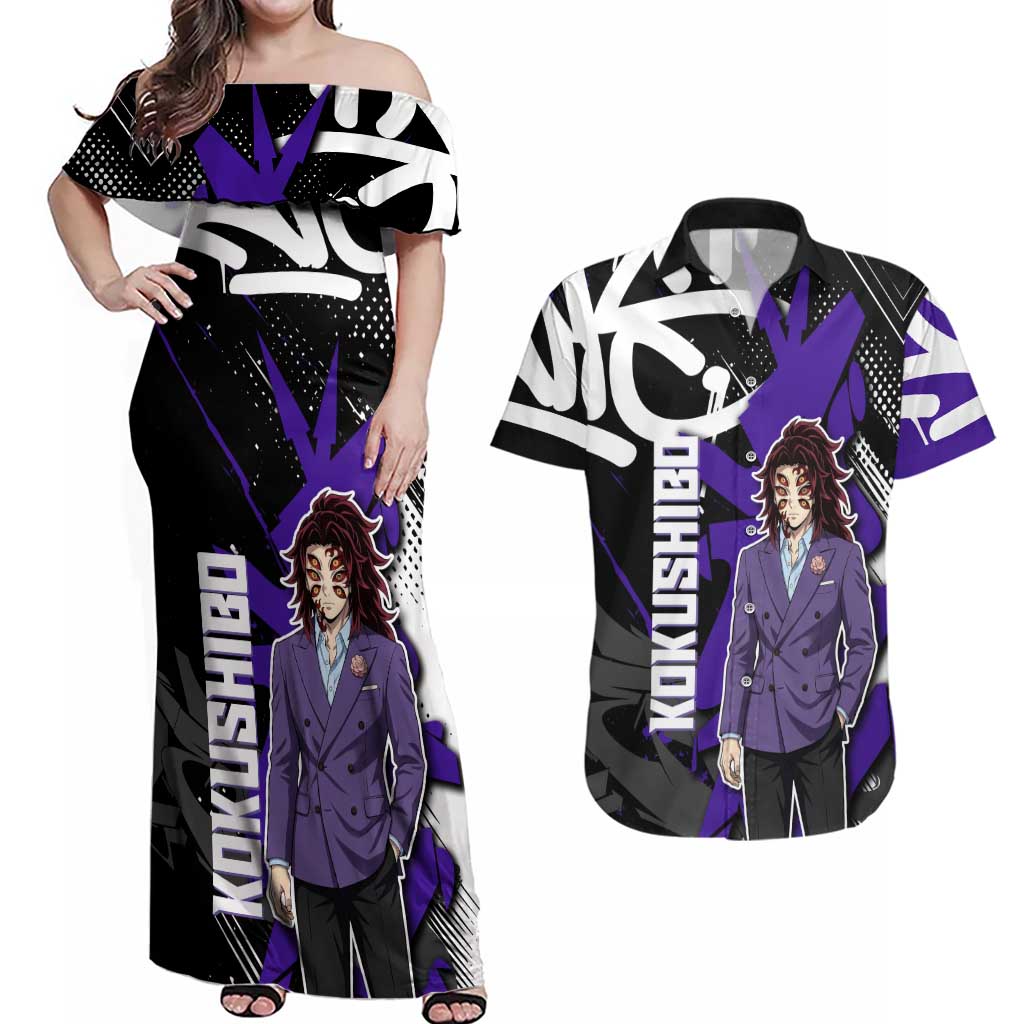 Kokushibo Demon Slayer Couples Matching Off Shoulder Maxi Dress and Hawaiian Shirt Purple & Black Graffiti Anime