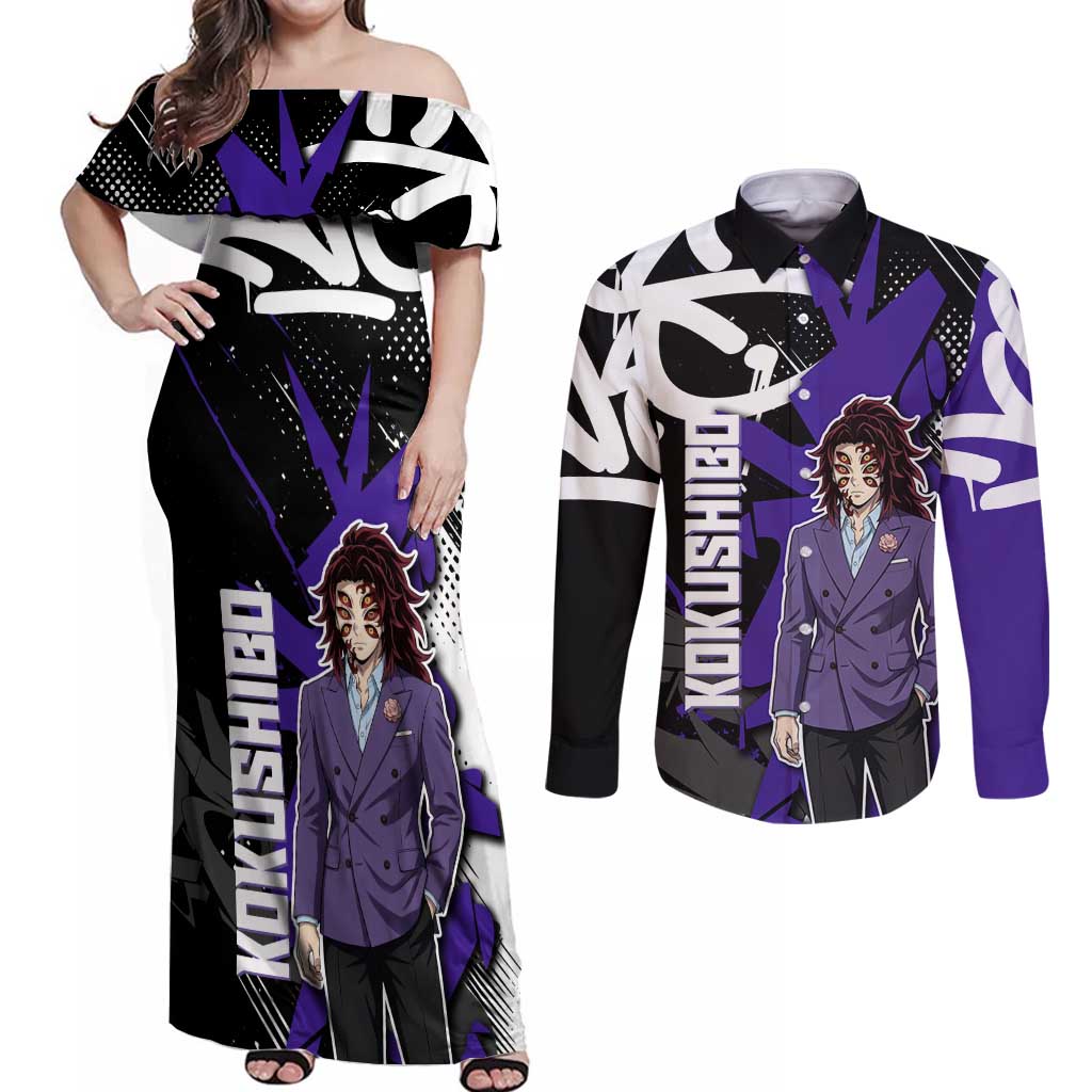 Kokushibo Demon Slayer Couples Matching Off Shoulder Maxi Dress and Long Sleeve Button Shirt Purple & Black Graffiti Anime