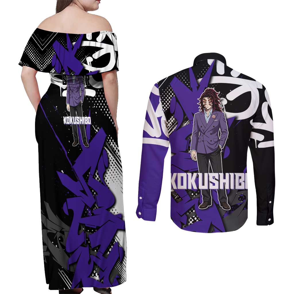 Kokushibo Demon Slayer Couples Matching Off Shoulder Maxi Dress and Long Sleeve Button Shirt Purple & Black Graffiti Anime
