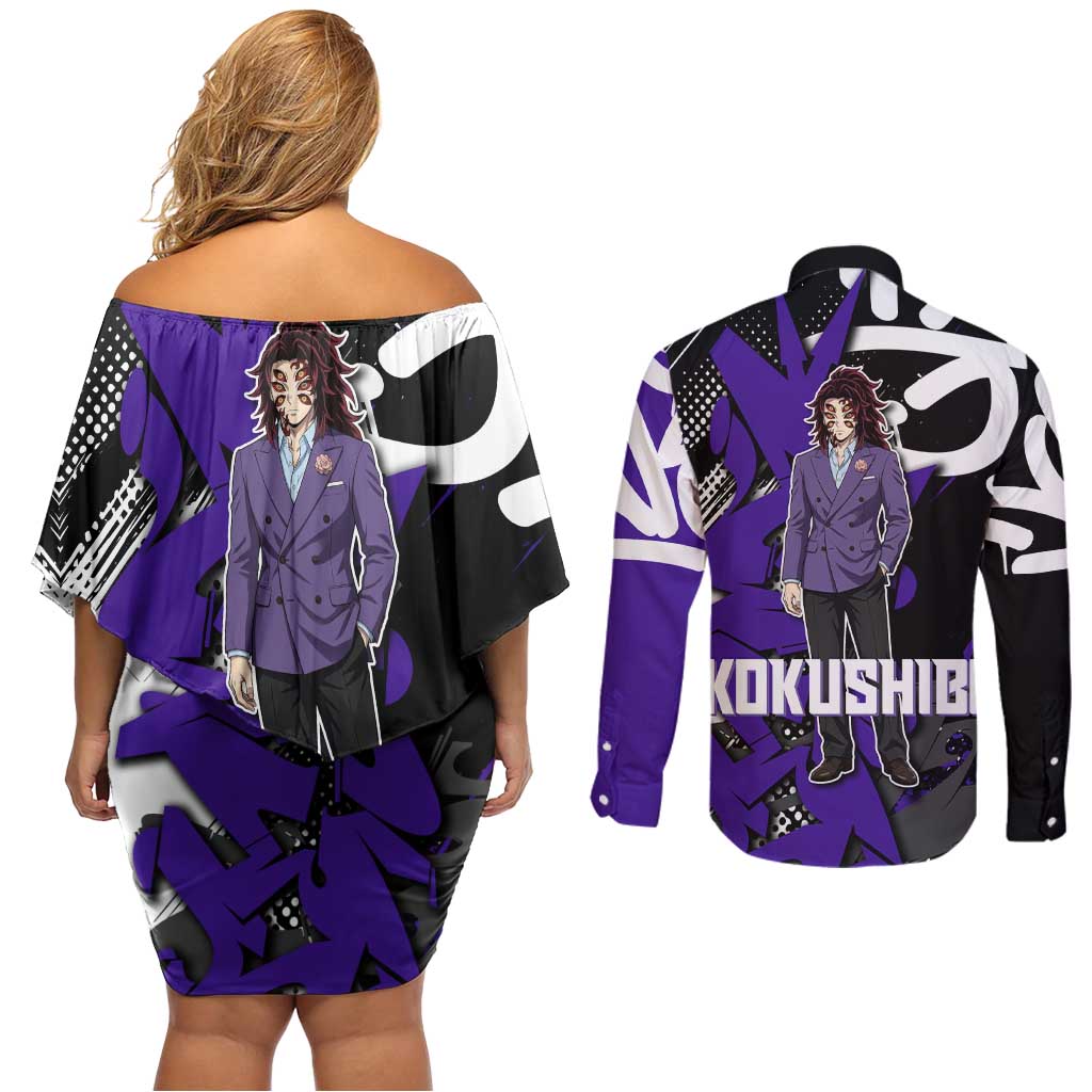 Kokushibo Demon Slayer Couples Matching Off Shoulder Short Dress and Long Sleeve Button Shirt Purple & Black Graffiti Anime