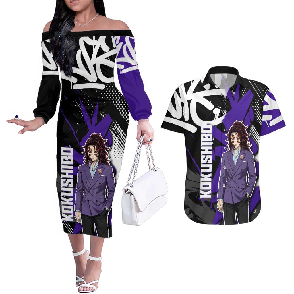 Kokushibo Demon Slayer Couples Matching Off The Shoulder Long Sleeve Dress and Hawaiian Shirt Purple & Black Graffiti Anime