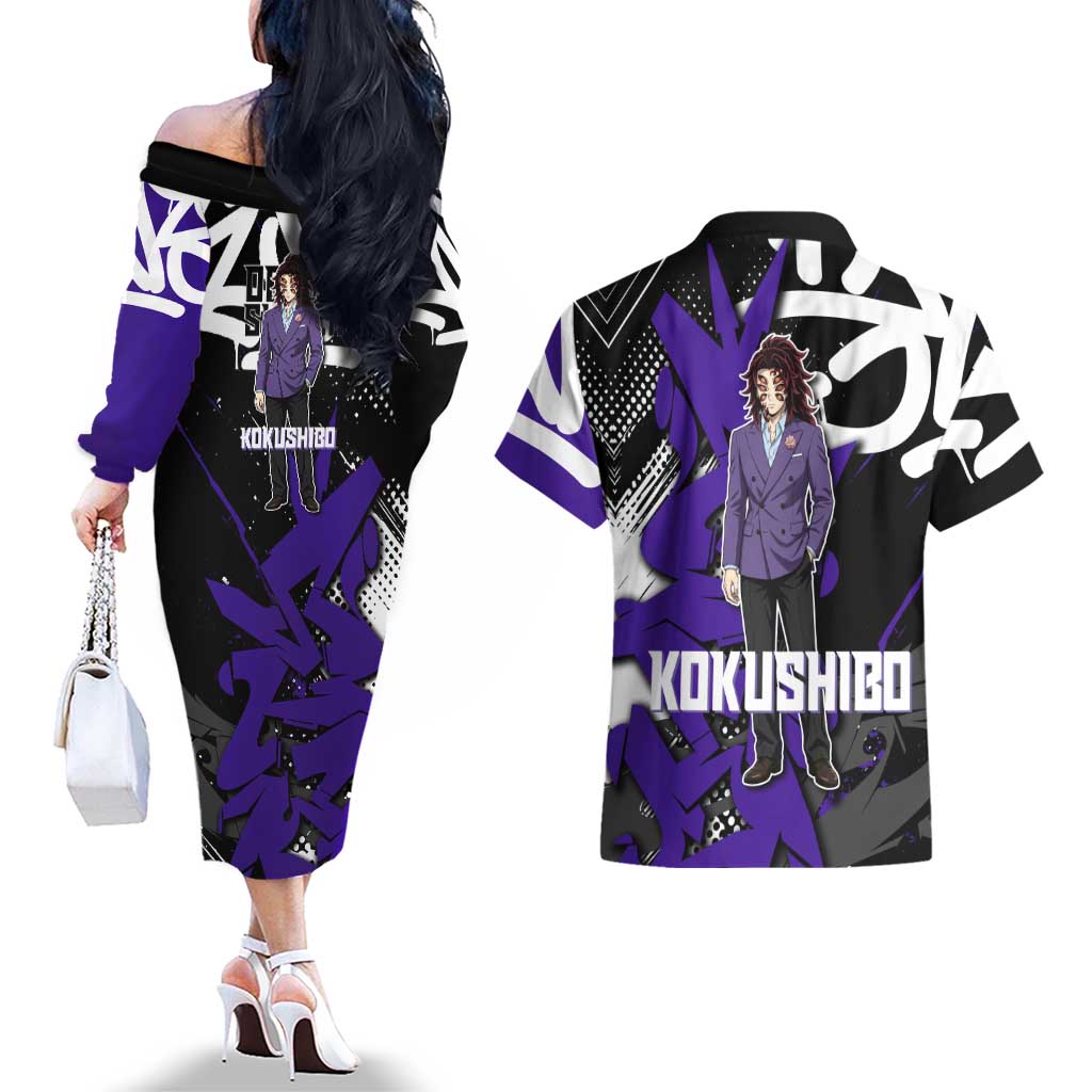 Kokushibo Demon Slayer Couples Matching Off The Shoulder Long Sleeve Dress and Hawaiian Shirt Purple & Black Graffiti Anime