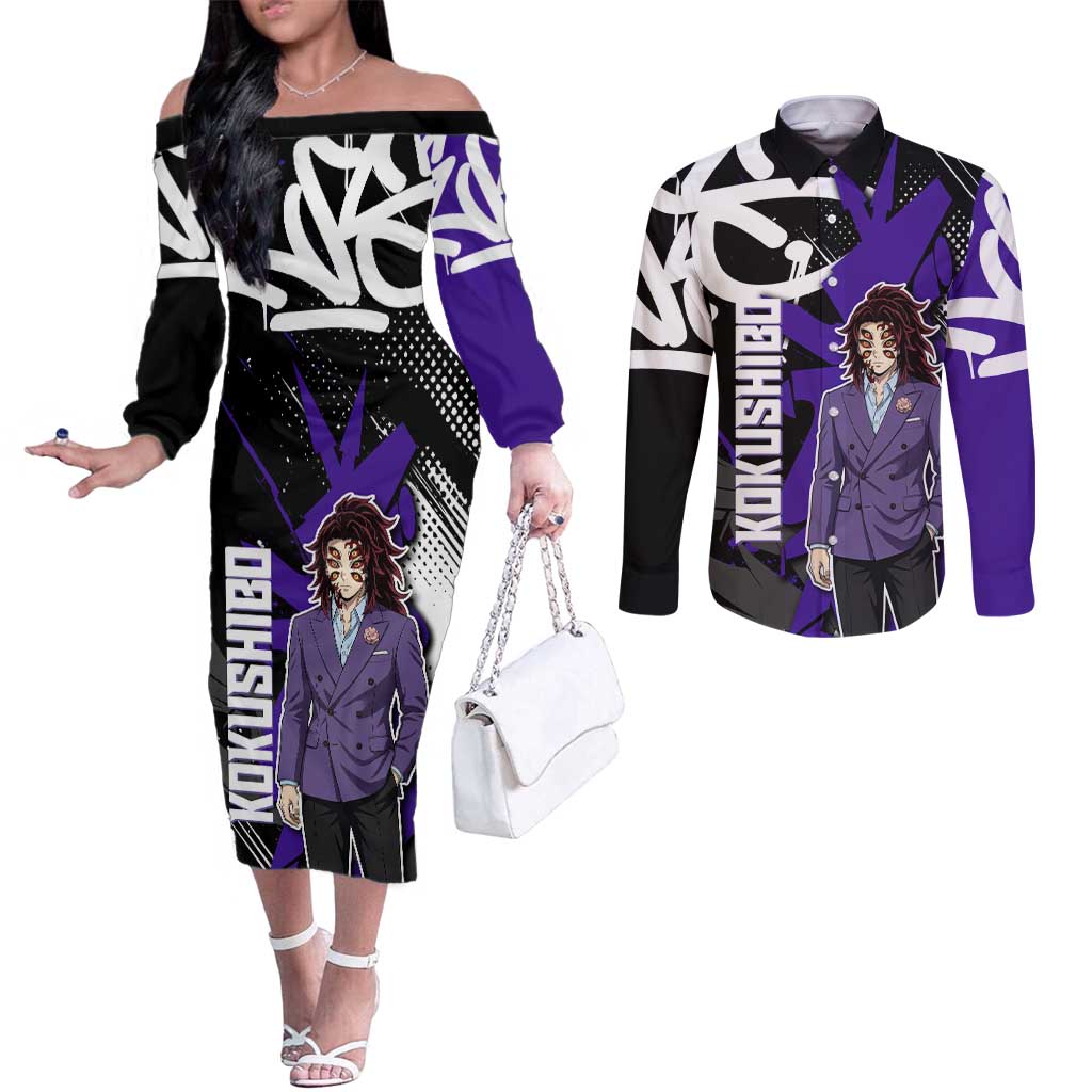 Kokushibo Demon Slayer Couples Matching Off The Shoulder Long Sleeve Dress and Long Sleeve Button Shirt Purple & Black Graffiti Anime