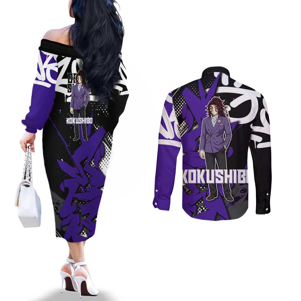 Kokushibo Demon Slayer Couples Matching Off The Shoulder Long Sleeve Dress and Long Sleeve Button Shirt Purple & Black Graffiti Anime