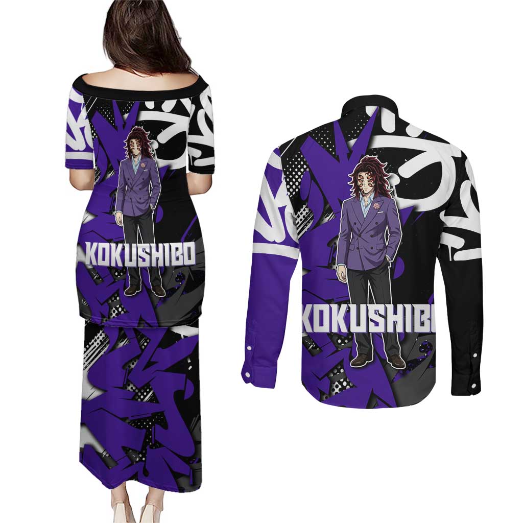 Kokushibo Demon Slayer Couples Matching Puletasi and Long Sleeve Button Shirt Purple & Black Graffiti Anime