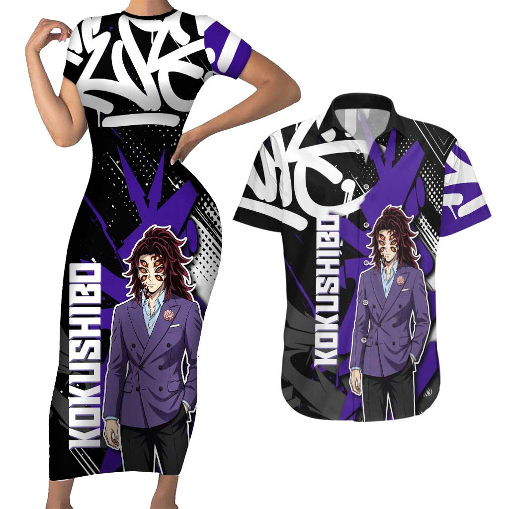 Kokushibo Demon Slayer Couples Matching Short Sleeve Bodycon Dress and Hawaiian Shirt Purple & Black Graffiti Anime