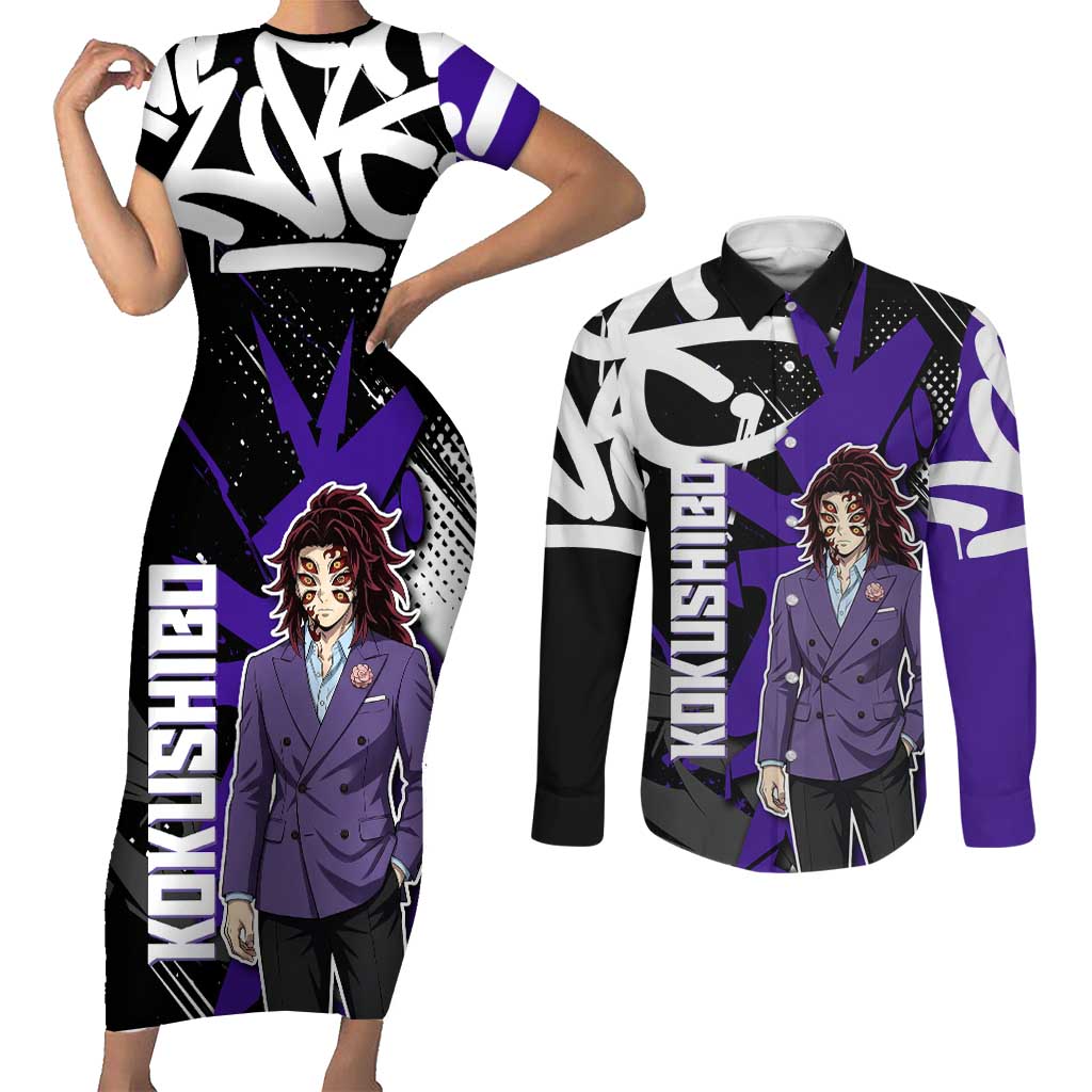 Kokushibo Demon Slayer Couples Matching Short Sleeve Bodycon Dress and Long Sleeve Button Shirt Purple & Black Graffiti Anime