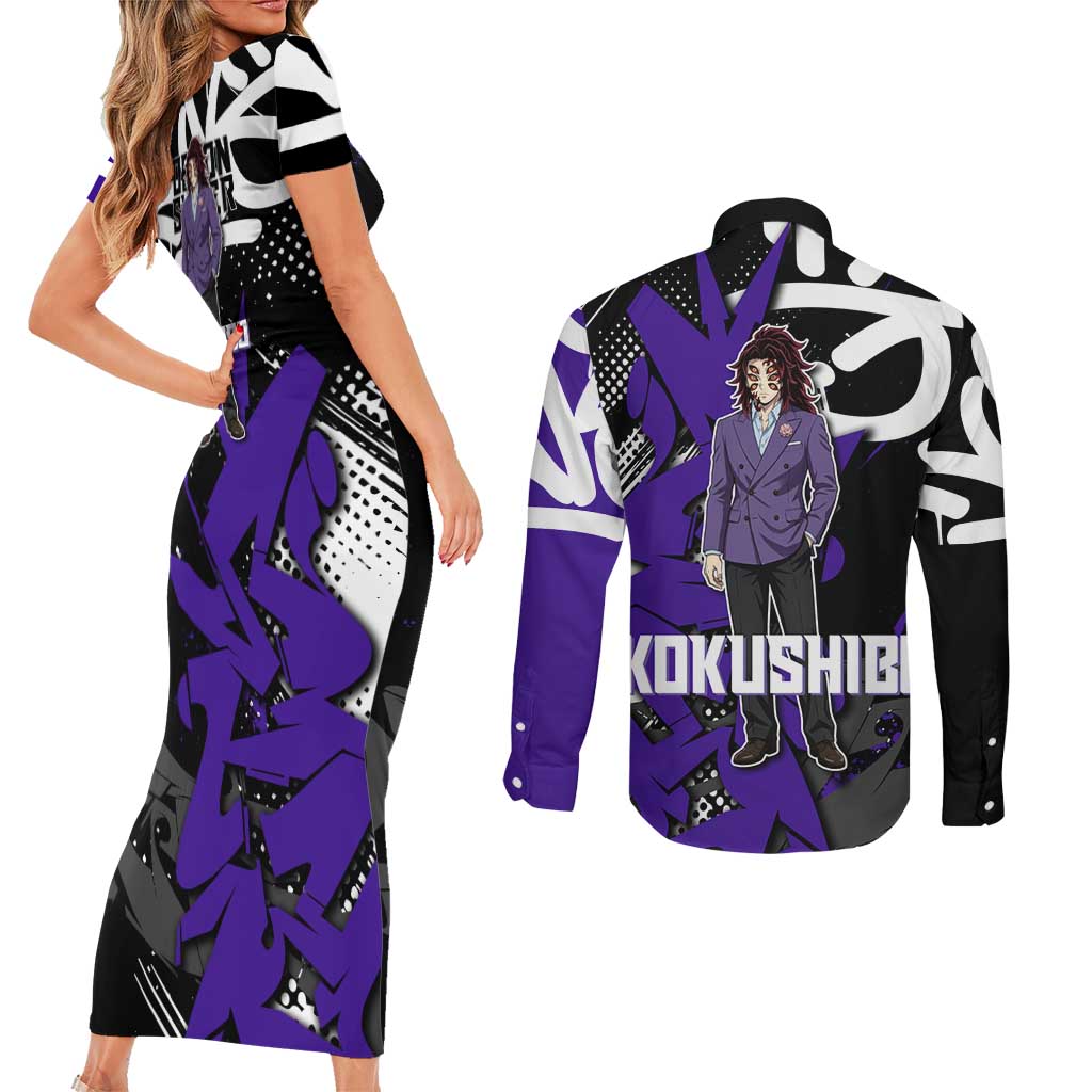 Kokushibo Demon Slayer Couples Matching Short Sleeve Bodycon Dress and Long Sleeve Button Shirt Purple & Black Graffiti Anime