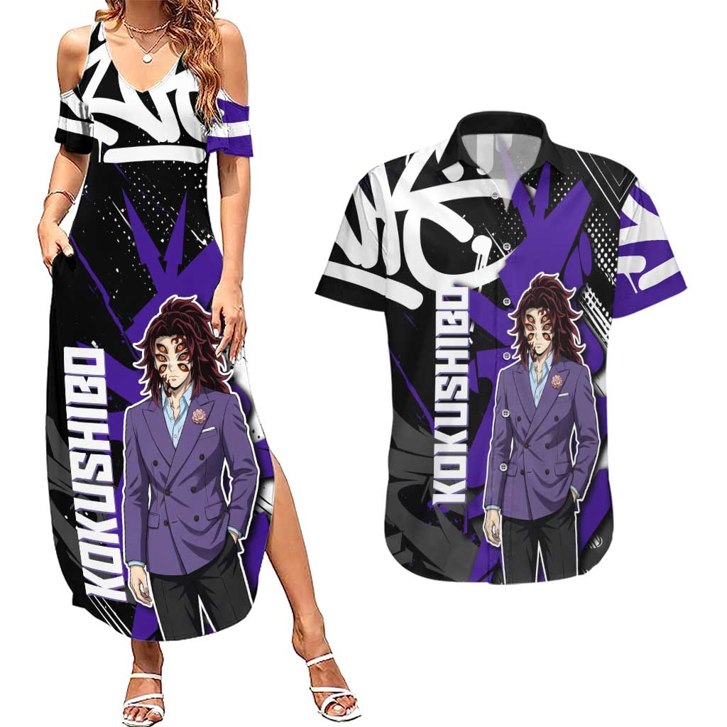Kokushibo Demon Slayer Couples Matching Summer Maxi Dress and Hawaiian Shirt Purple & Black Graffiti Anime