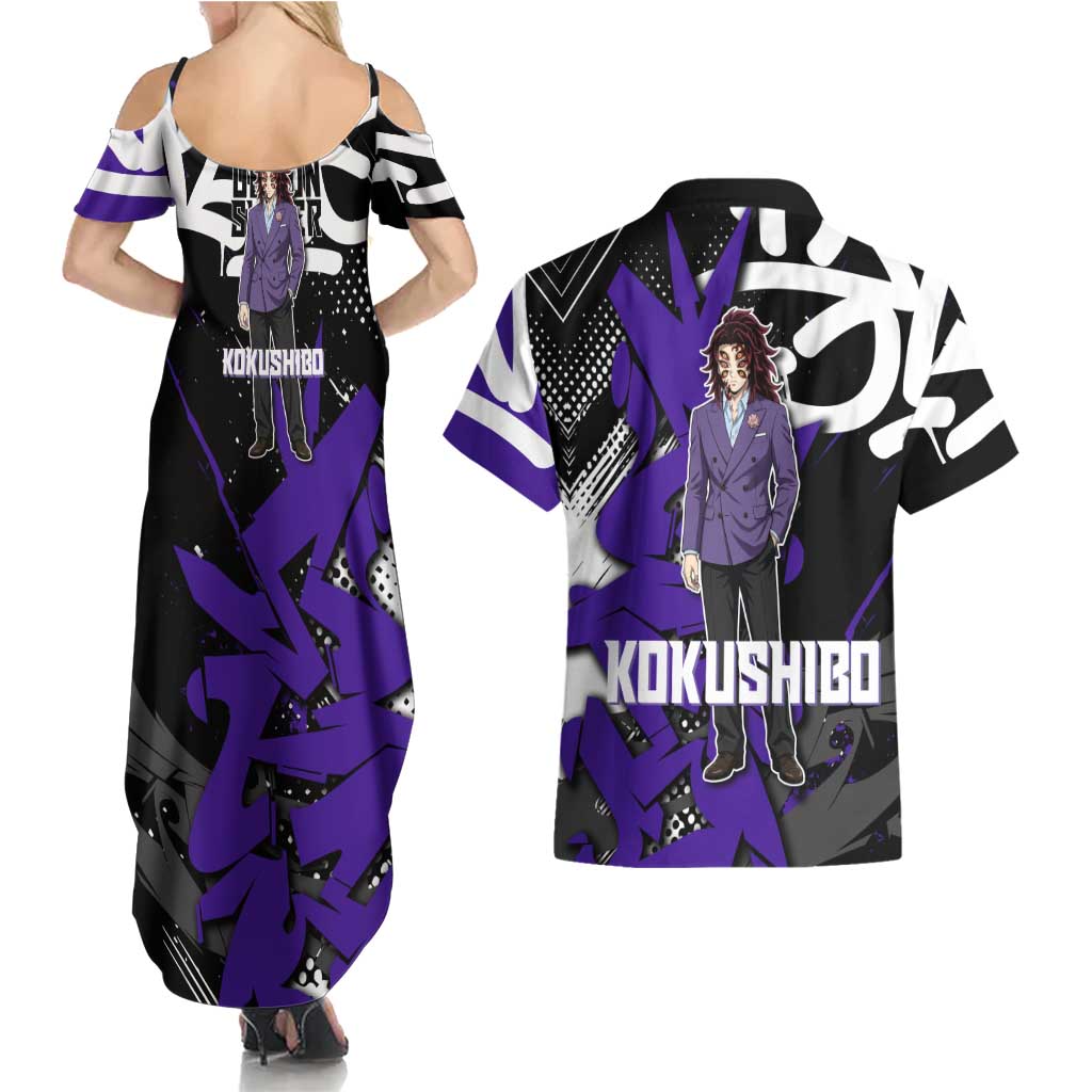 Kokushibo Demon Slayer Couples Matching Summer Maxi Dress and Hawaiian Shirt Purple & Black Graffiti Anime