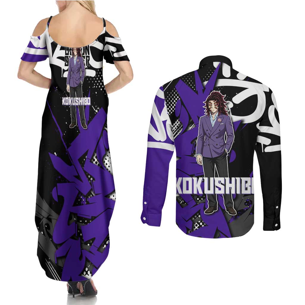 Kokushibo Demon Slayer Couples Matching Summer Maxi Dress and Long Sleeve Button Shirt Purple & Black Graffiti Anime