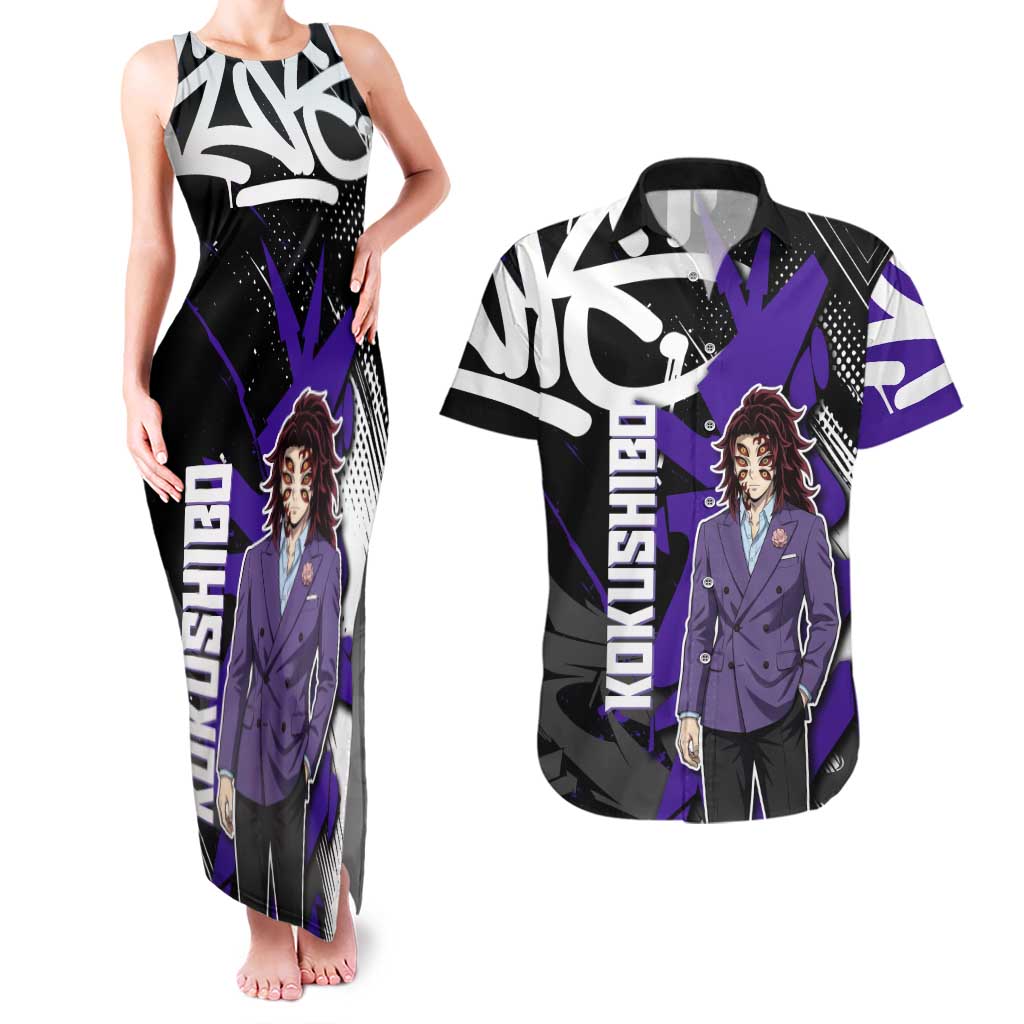 Kokushibo Demon Slayer Couples Matching Tank Maxi Dress and Hawaiian Shirt Purple & Black Graffiti Anime