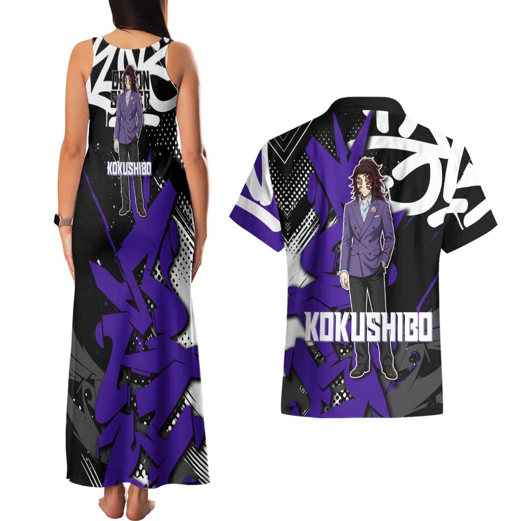 Kokushibo Demon Slayer Couples Matching Tank Maxi Dress and Hawaiian Shirt Purple & Black Graffiti Anime