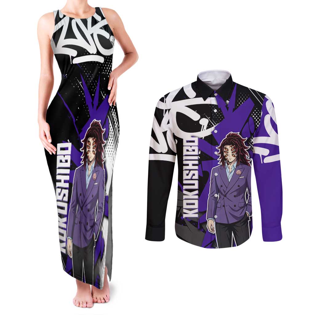 Kokushibo Demon Slayer Couples Matching Tank Maxi Dress and Long Sleeve Button Shirt Purple & Black Graffiti Anime