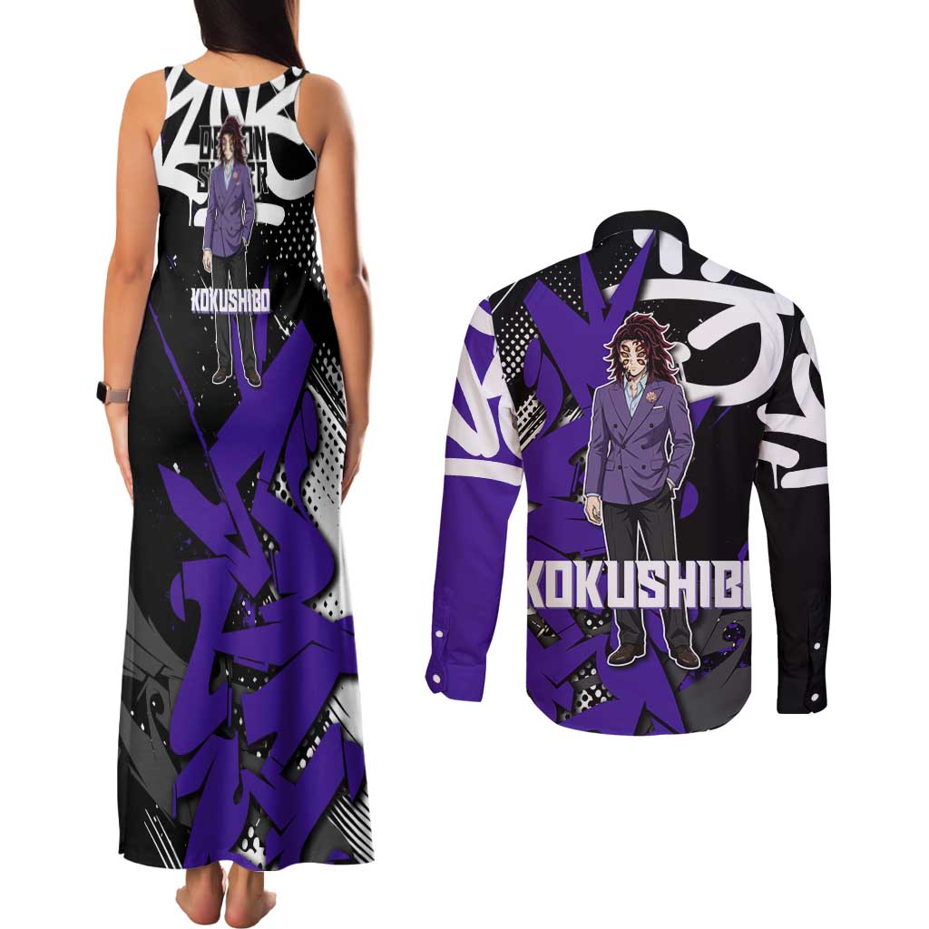 Kokushibo Demon Slayer Couples Matching Tank Maxi Dress and Long Sleeve Button Shirt Purple & Black Graffiti Anime