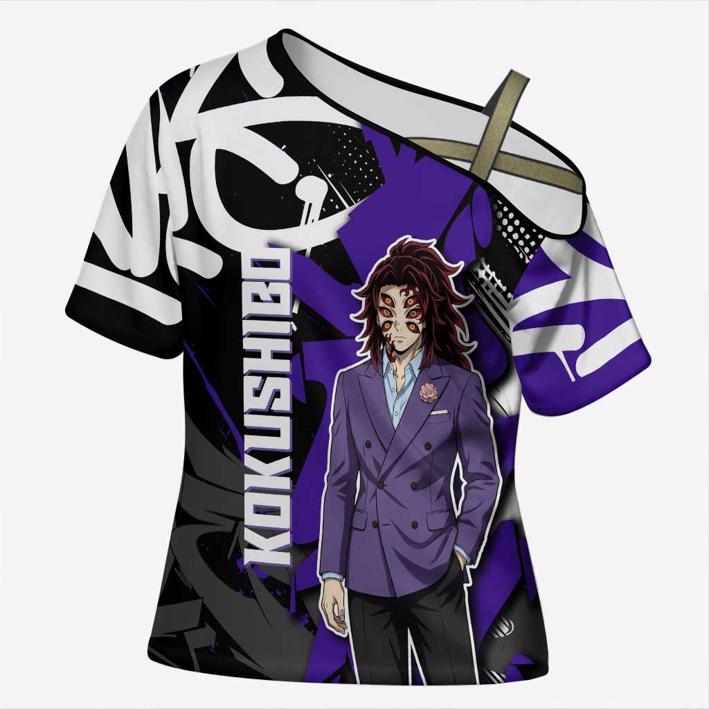 Kokushibo Demon Slayer Cross Shoulder Shirt Purple & Black Graffiti Anime
