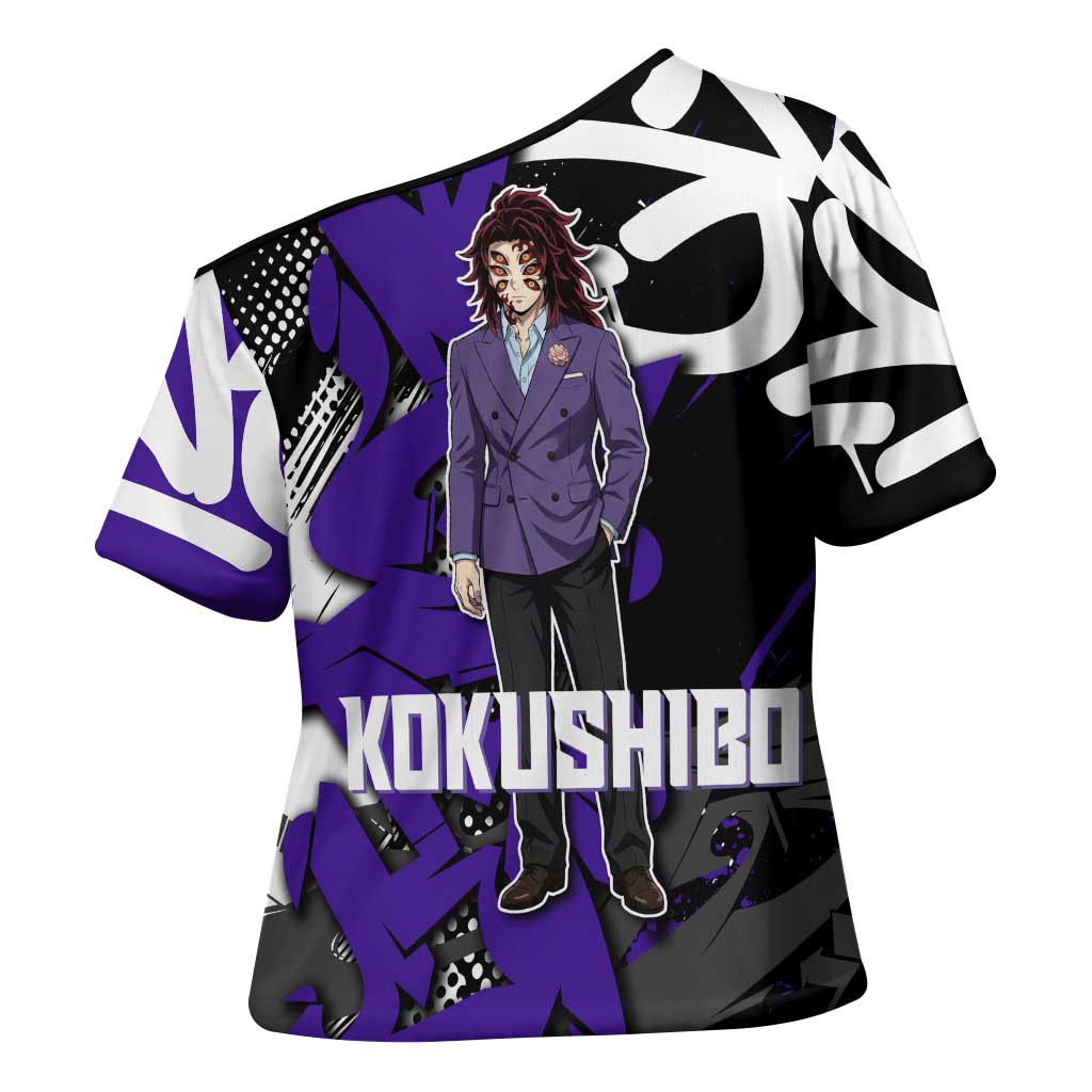 Kokushibo Demon Slayer Cross Shoulder Shirt Purple & Black Graffiti Anime