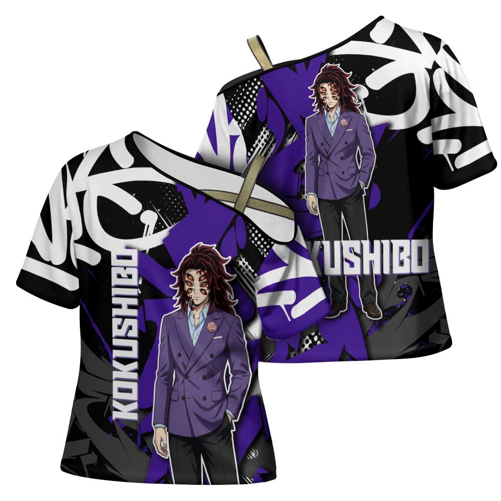 Kokushibo Demon Slayer Cross Shoulder Shirt Purple & Black Graffiti Anime