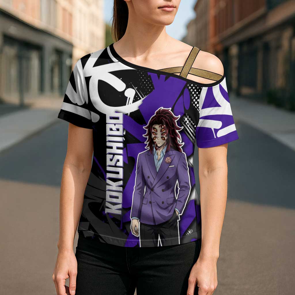 Kokushibo Demon Slayer Cross Shoulder Shirt Purple & Black Graffiti Anime