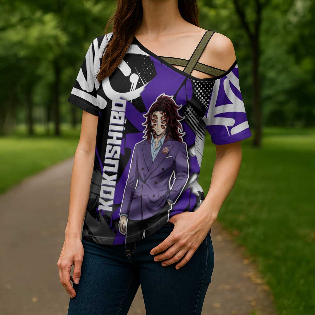 Kokushibo Demon Slayer Cross Shoulder Shirt Purple & Black Graffiti Anime