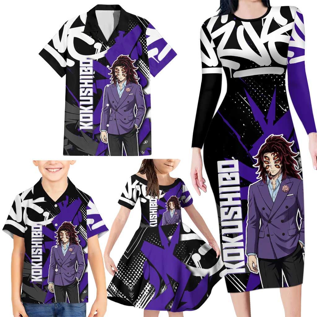 Kokushibo Demon Slayer Family Matching Long Sleeve Bodycon Dress and Hawaiian Shirt Purple & Black Graffiti Anime