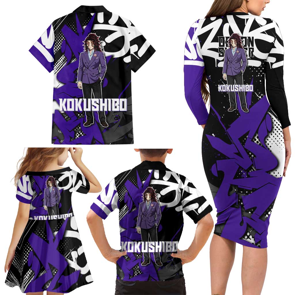 Kokushibo Demon Slayer Family Matching Long Sleeve Bodycon Dress and Hawaiian Shirt Purple & Black Graffiti Anime