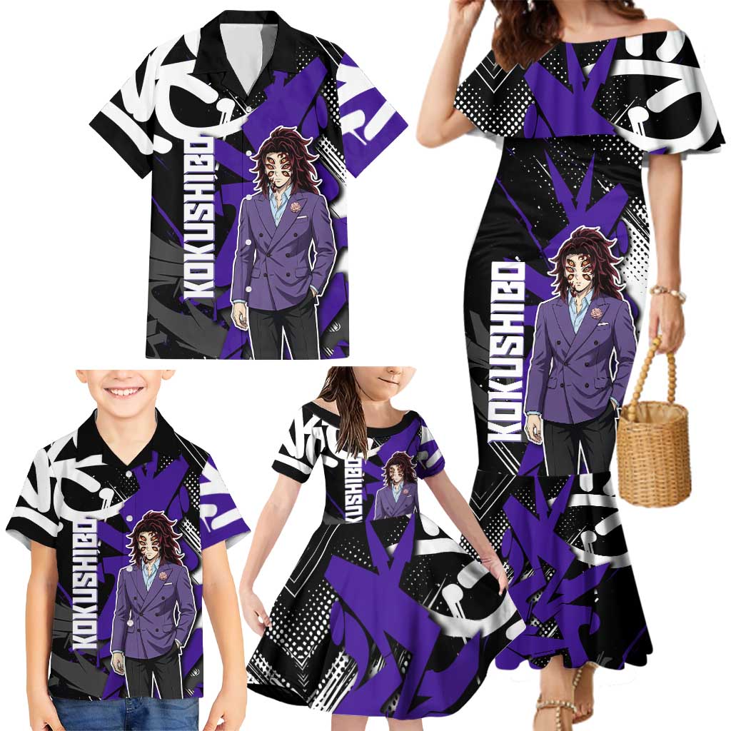 Kokushibo Demon Slayer Family Matching Mermaid Dress and Hawaiian Shirt Purple & Black Graffiti Anime