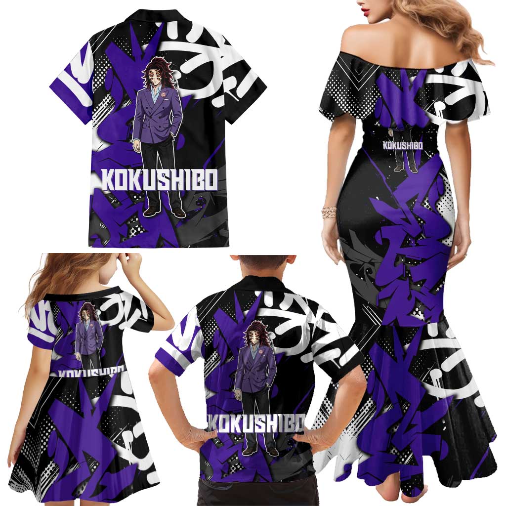 Kokushibo Demon Slayer Family Matching Mermaid Dress and Hawaiian Shirt Purple & Black Graffiti Anime