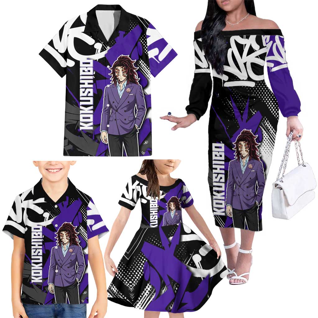 Kokushibo Demon Slayer Family Matching Off The Shoulder Long Sleeve Dress and Hawaiian Shirt Purple & Black Graffiti Anime