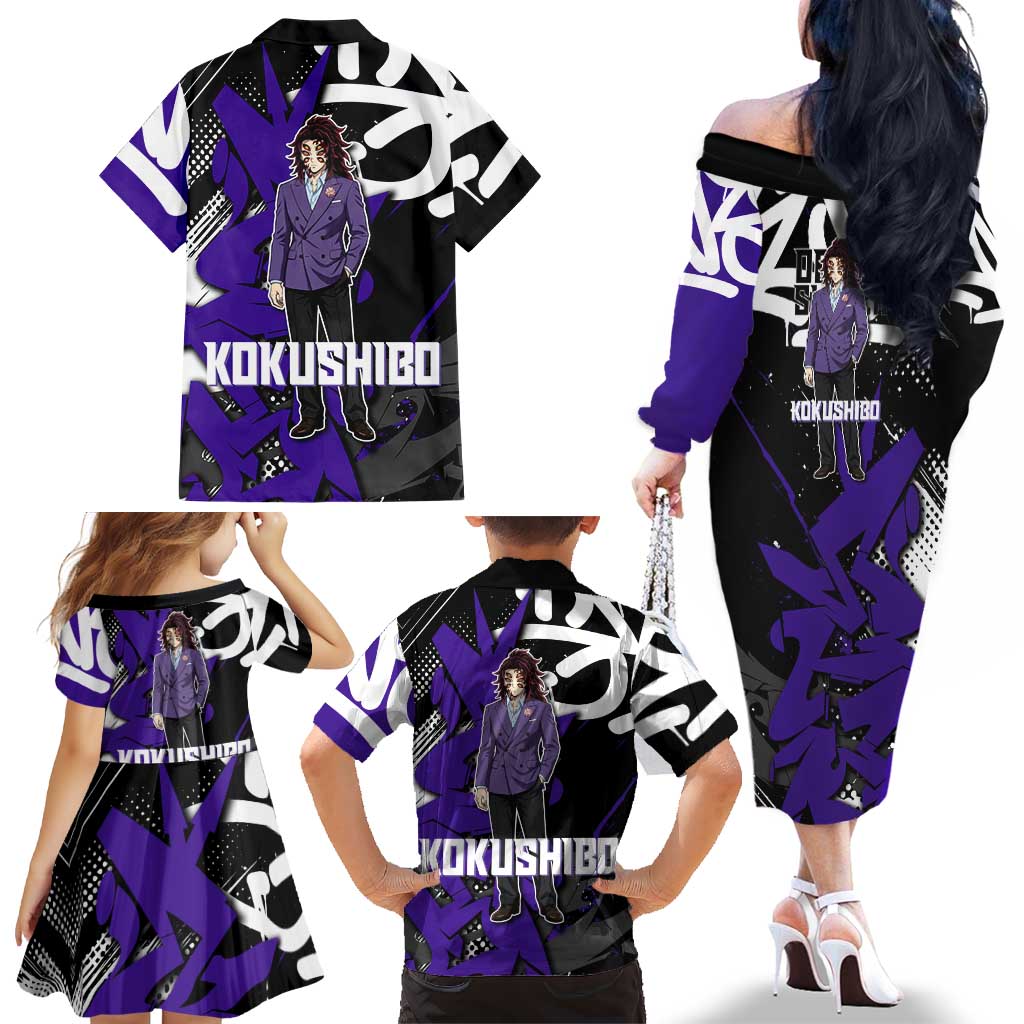 Kokushibo Demon Slayer Family Matching Off The Shoulder Long Sleeve Dress and Hawaiian Shirt Purple & Black Graffiti Anime