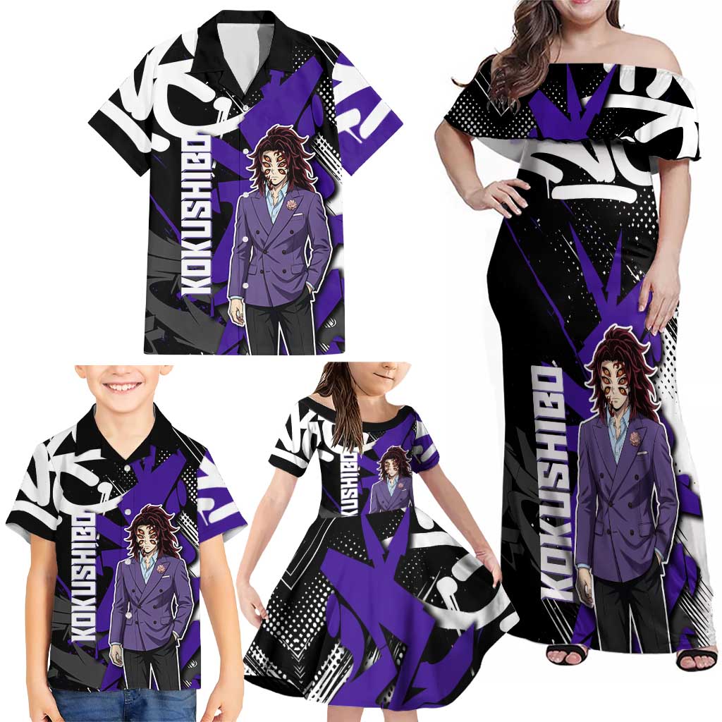 Kokushibo Demon Slayer Family Matching Off Shoulder Maxi Dress and Hawaiian Shirt Purple & Black Graffiti Anime