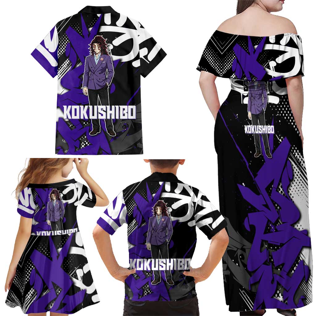 Kokushibo Demon Slayer Family Matching Off Shoulder Maxi Dress and Hawaiian Shirt Purple & Black Graffiti Anime