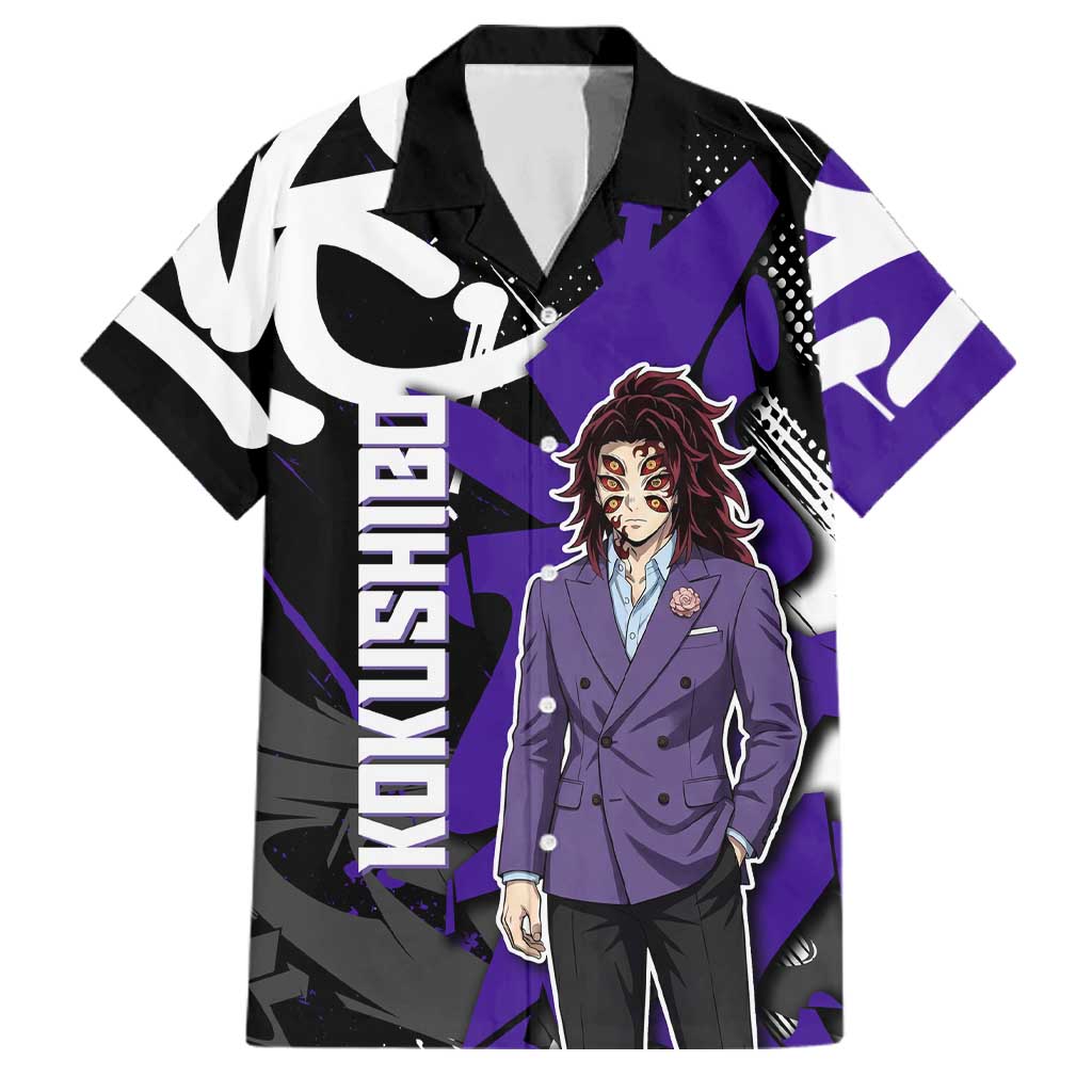 Kokushibo Demon Slayer Family Matching Off Shoulder Maxi Dress and Hawaiian Shirt Purple & Black Graffiti Anime