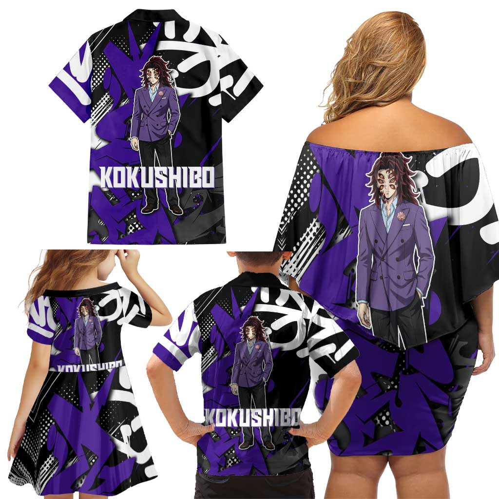 Kokushibo Demon Slayer Family Matching Off Shoulder Short Dress and Hawaiian Shirt Purple & Black Graffiti Anime