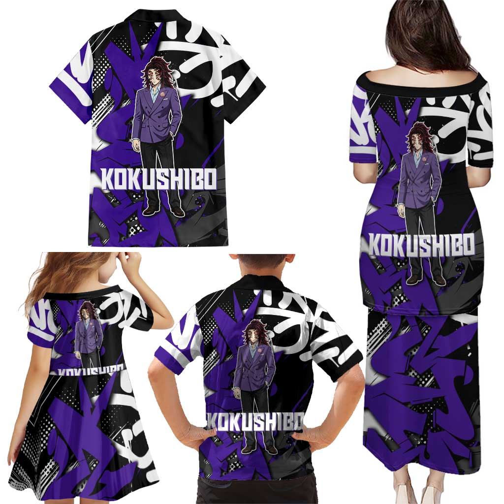 Kokushibo Demon Slayer Family Matching Puletasi and Hawaiian Shirt Purple & Black Graffiti Anime