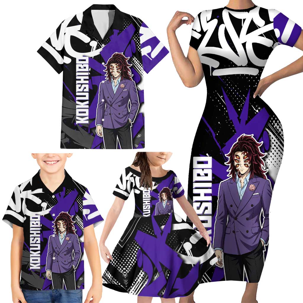 Kokushibo Demon Slayer Family Matching Short Sleeve Bodycon Dress and Hawaiian Shirt Purple & Black Graffiti Anime