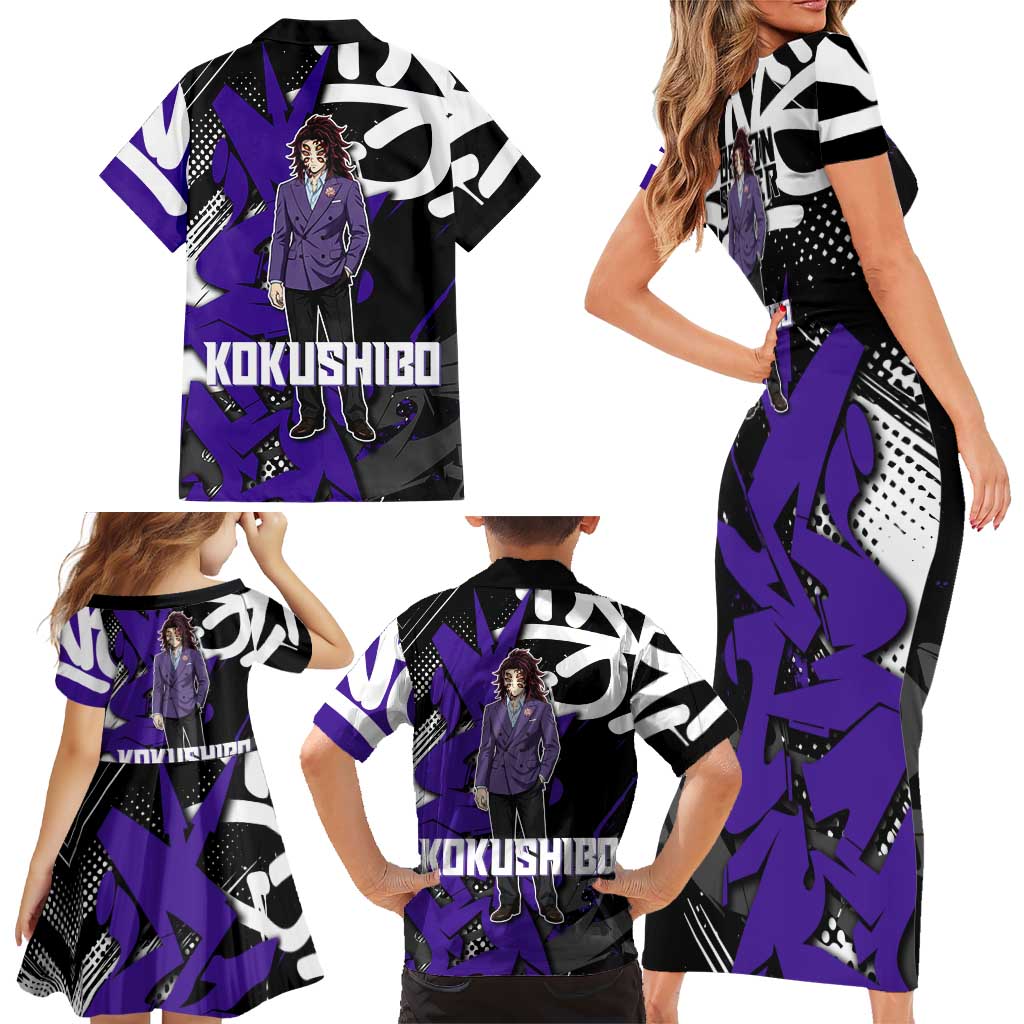 Kokushibo Demon Slayer Family Matching Short Sleeve Bodycon Dress and Hawaiian Shirt Purple & Black Graffiti Anime