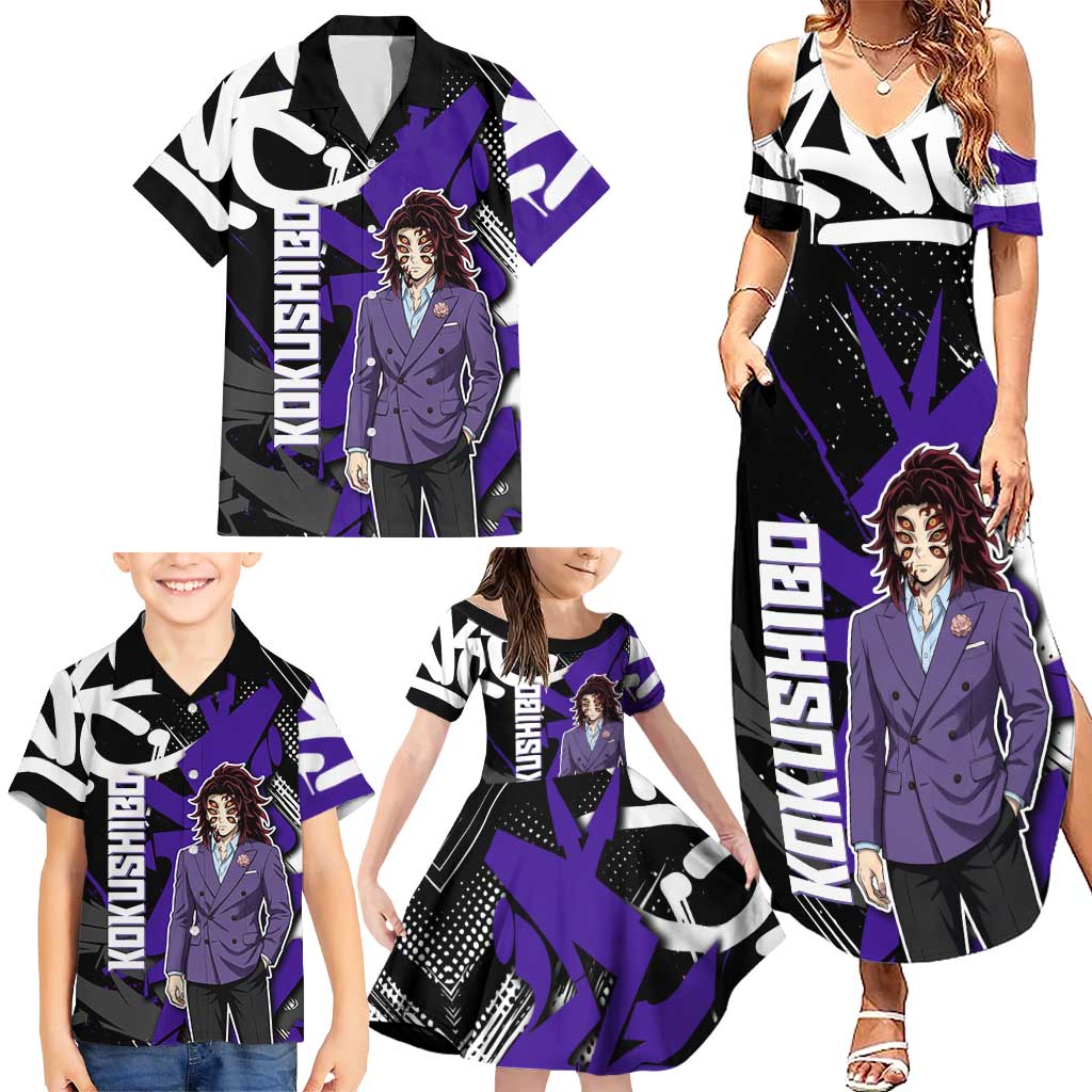 Kokushibo Demon Slayer Family Matching Summer Maxi Dress and Hawaiian Shirt Purple & Black Graffiti Anime