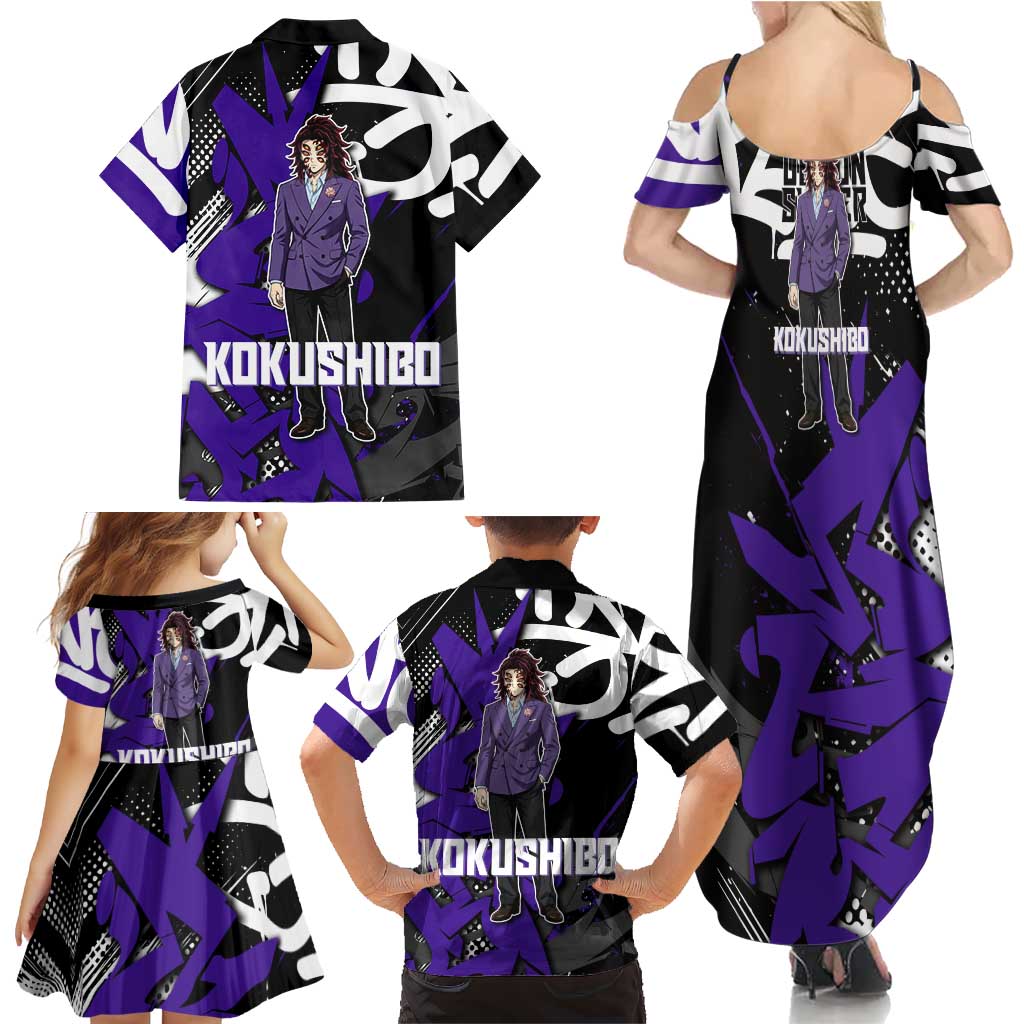 Kokushibo Demon Slayer Family Matching Summer Maxi Dress and Hawaiian Shirt Purple & Black Graffiti Anime