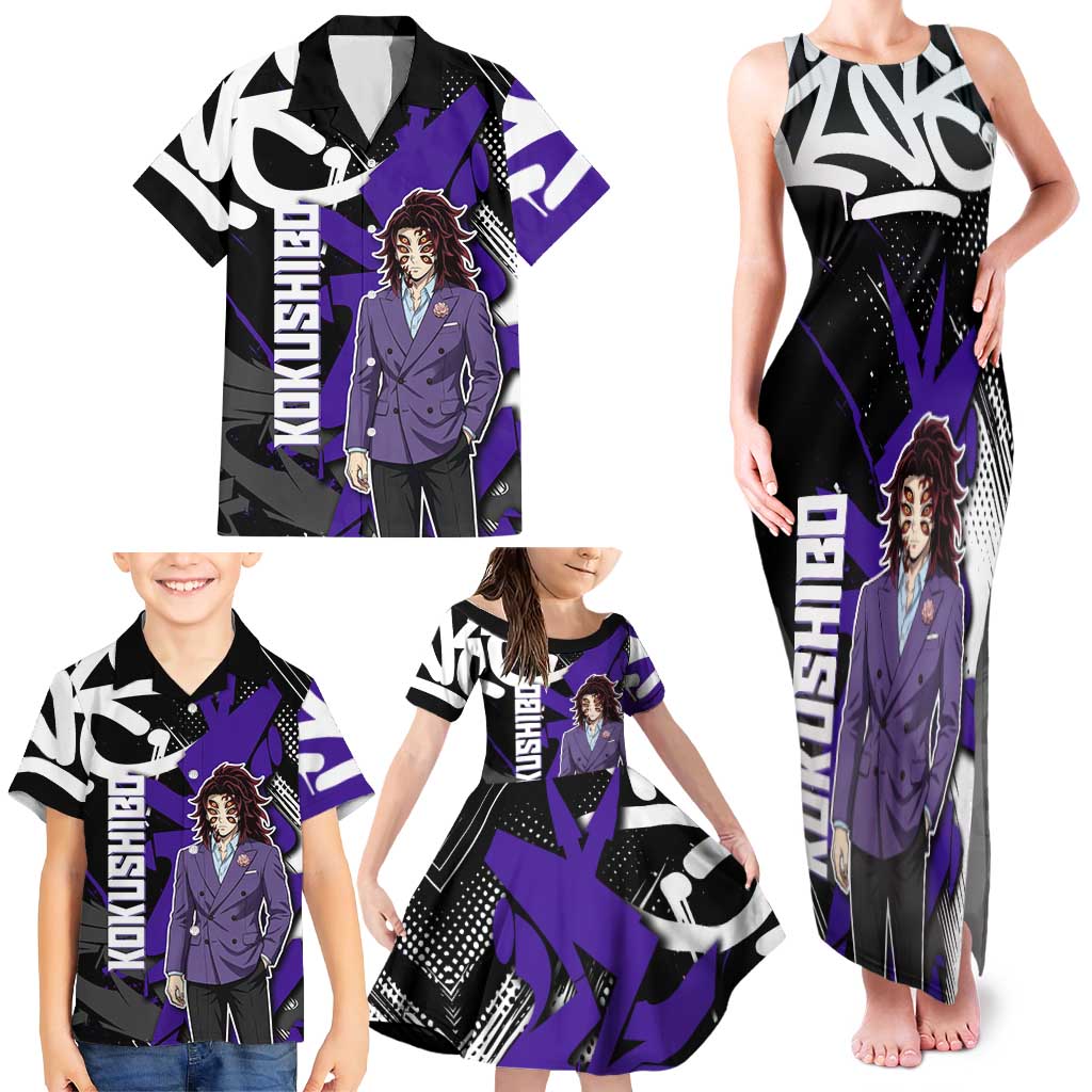 Kokushibo Demon Slayer Family Matching Tank Maxi Dress and Hawaiian Shirt Purple & Black Graffiti Anime