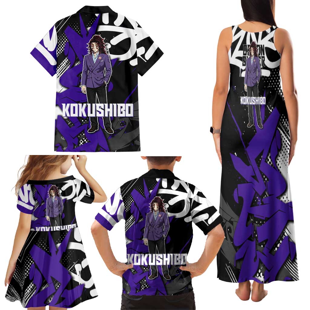 Kokushibo Demon Slayer Family Matching Tank Maxi Dress and Hawaiian Shirt Purple & Black Graffiti Anime