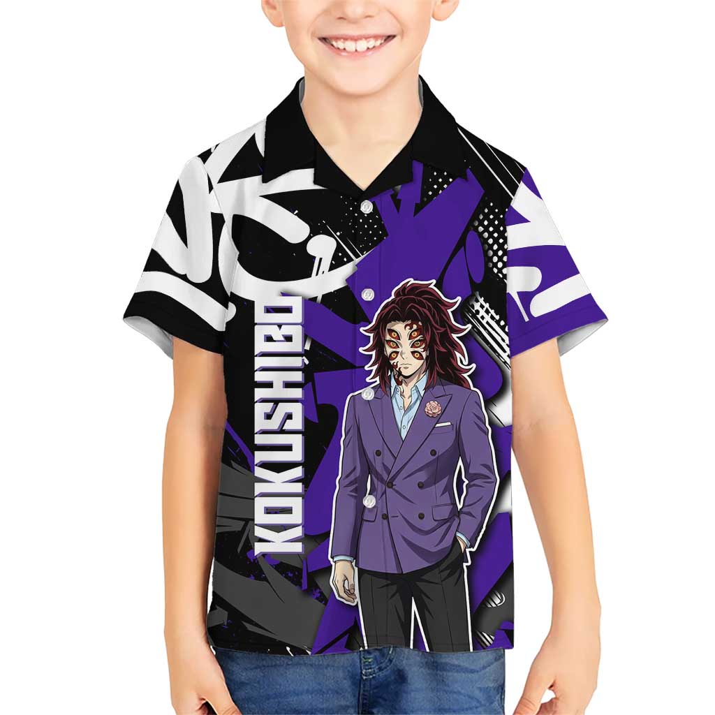 Kokushibo Demon Slayer Kid Hawaiian Shirt Purple & Black Graffiti Anime