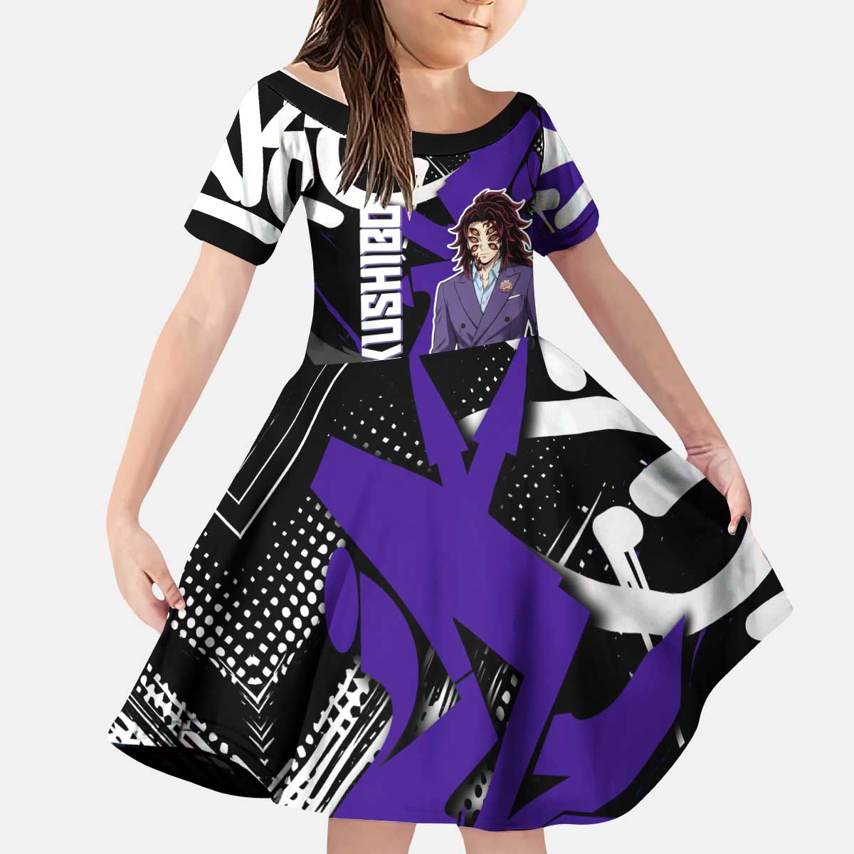 Kokushibo Demon Slayer Kid Short Sleeve Dress Purple & Black Graffiti Anime