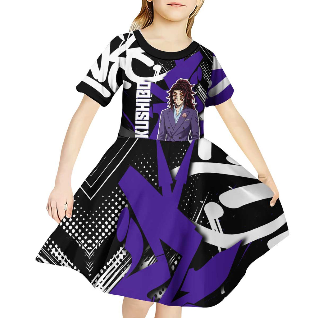 Kokushibo Demon Slayer Kid Short Sleeve Dress Purple & Black Graffiti Anime