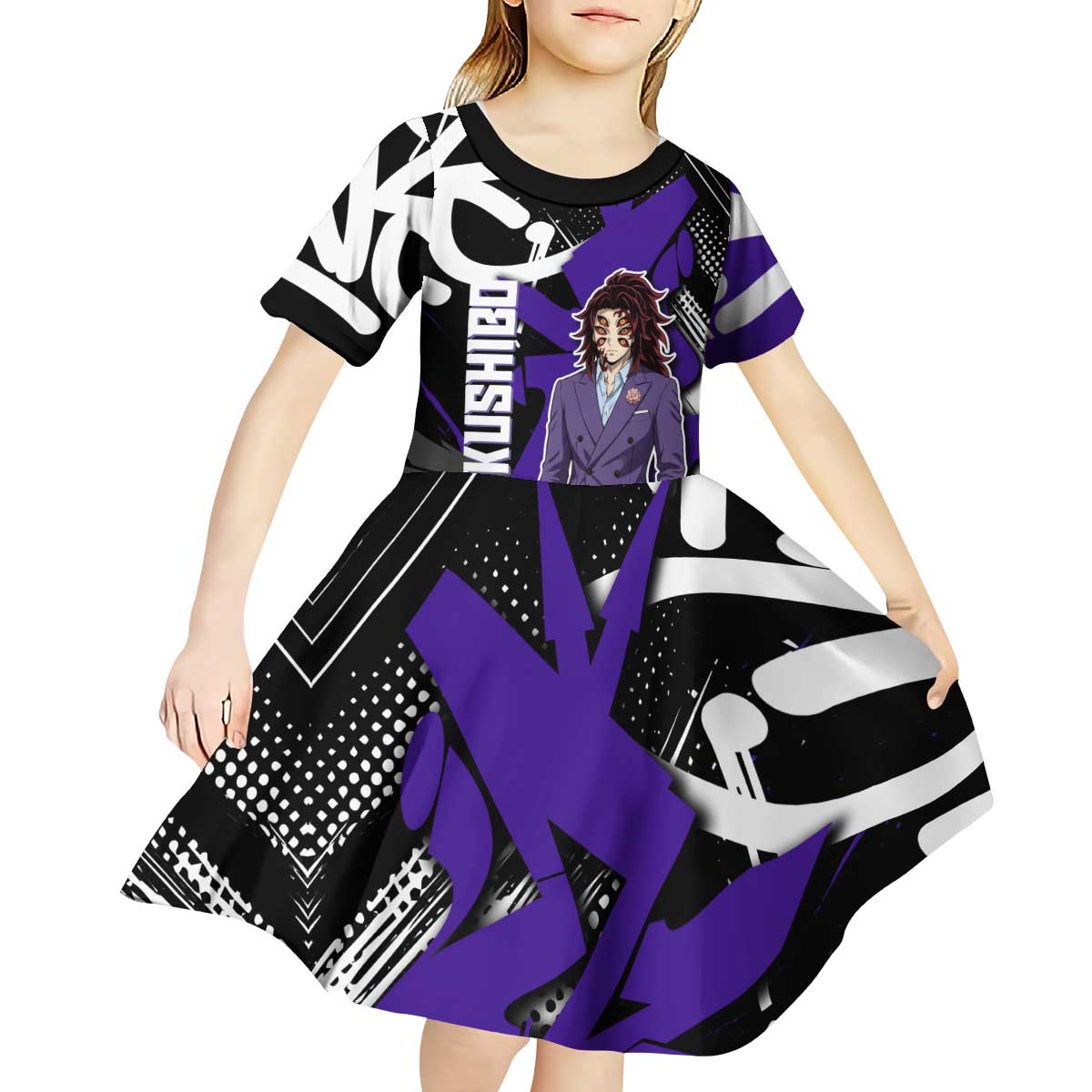 Kokushibo Demon Slayer Kid Short Sleeve Dress Purple & Black Graffiti Anime