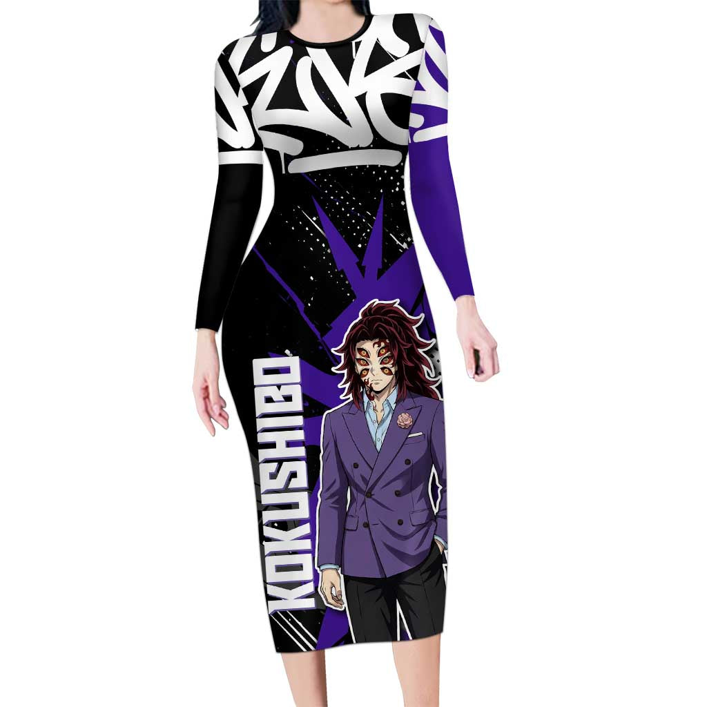 Kokushibo Demon Slayer Long Sleeve Bodycon Dress Purple & Black Graffiti Anime