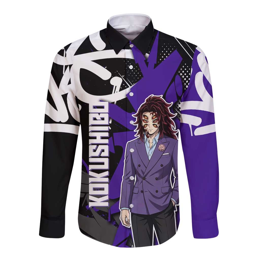 Kokushibo Demon Slayer Long Sleeve Button Shirt Purple & Black Graffiti Anime